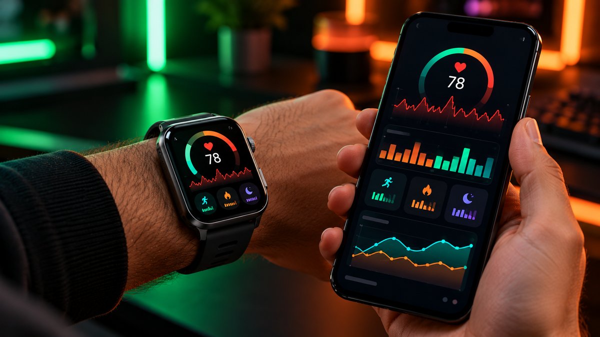 Smartwatch on a wrist showing a heart rate reading next to a phone with matching health charts