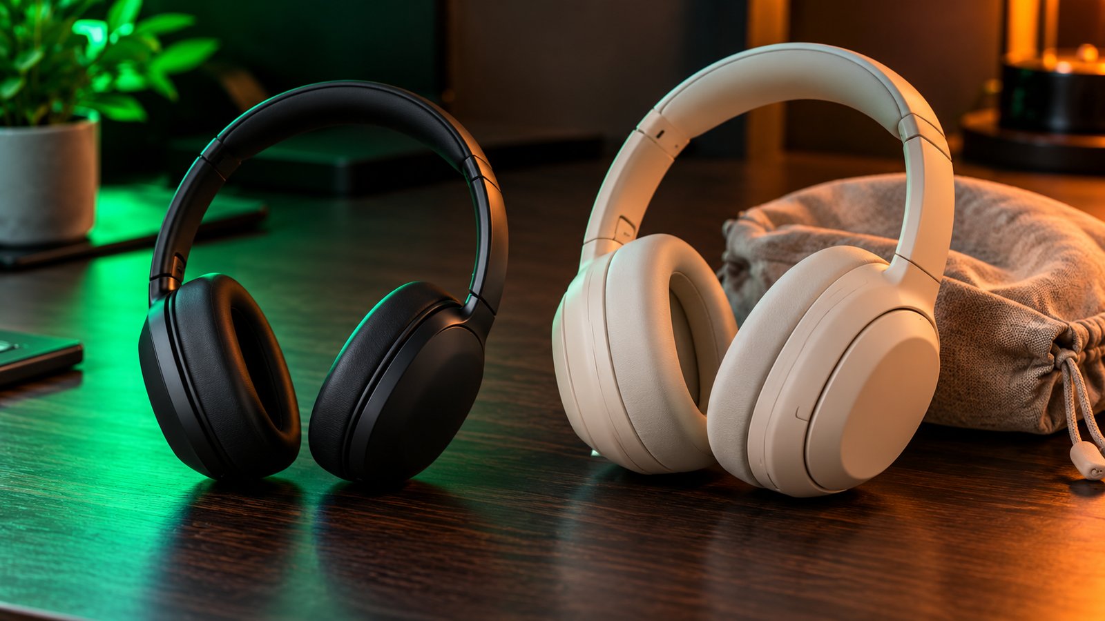A black and a beige pair of over-ear wireless headphones side by side on a wooden desk, with a fabric pouch next to the beige pair