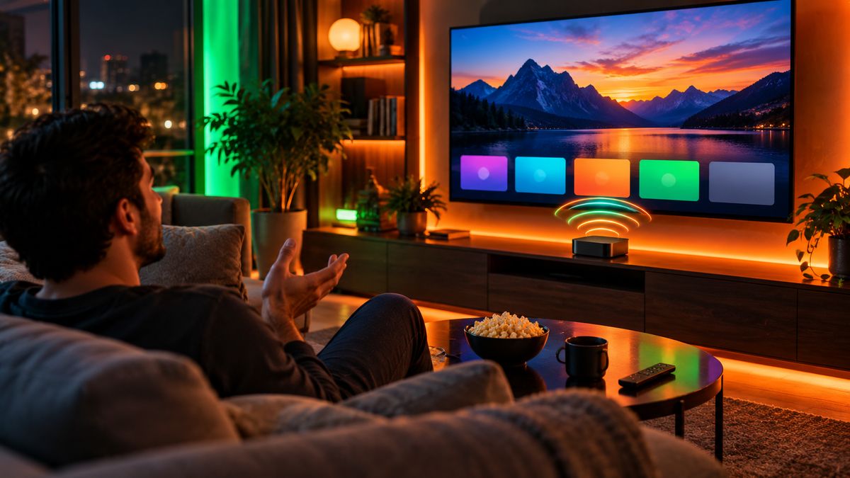 A man on a sofa talking to his TV hands-free, with voice waves rising from a streaming box under the TV