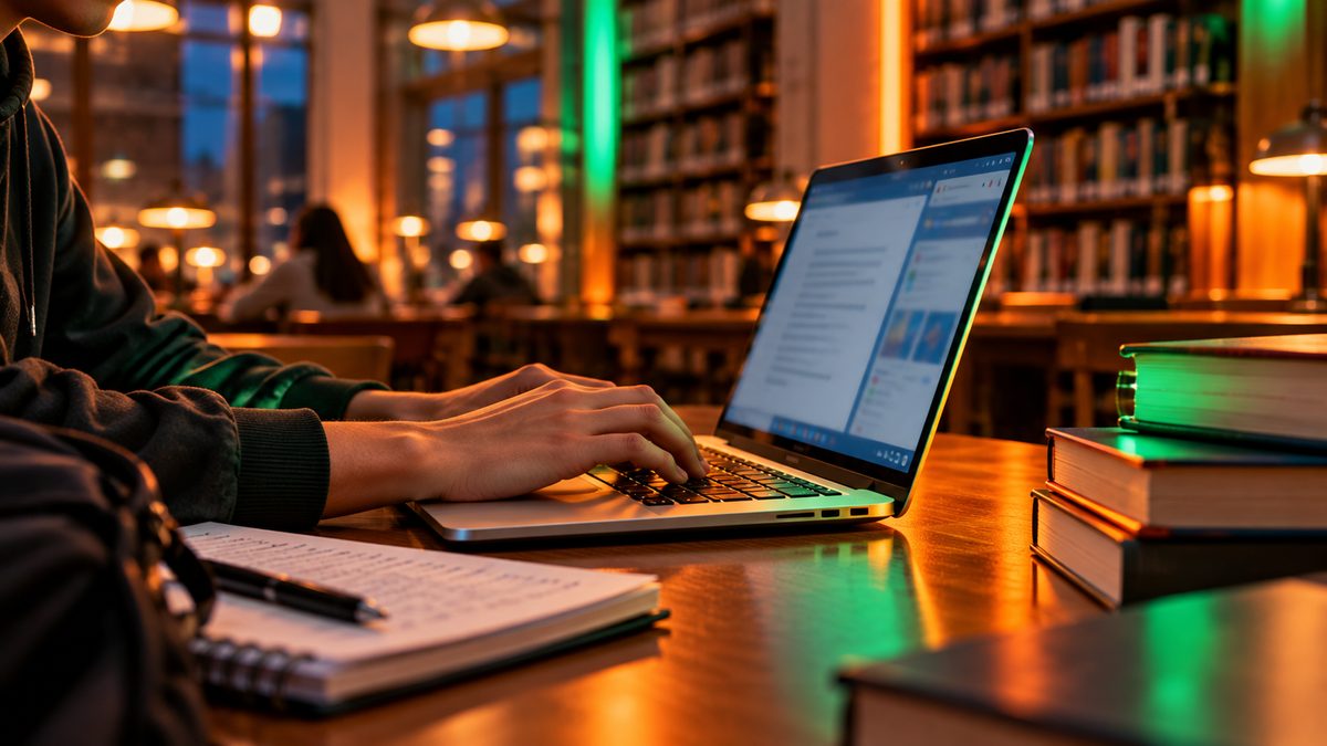 A student typing on a thin silver laptop at a wooden table in a university library in the evening