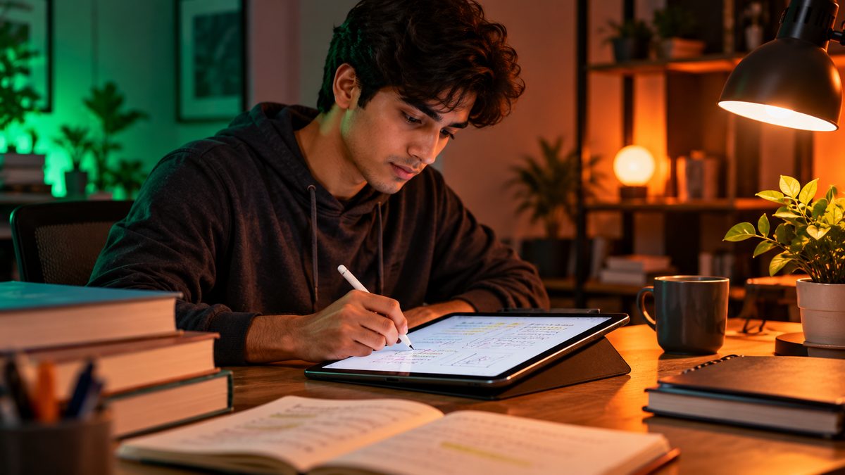 A student writing notes on a tablet with a stylus at a desk with books and a lamp