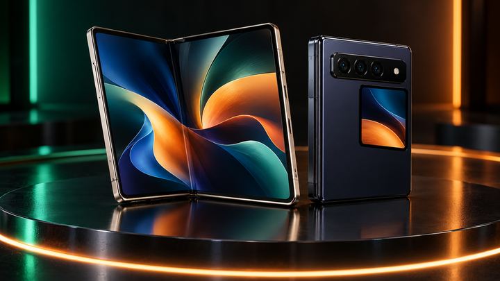 Illustration of a white and a navy book-style foldable phone on a dark stage with green and orange lights