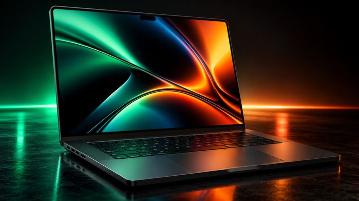 A space-black laptop with a colourful OLED screen and a small pill-shaped cutout at the top, on a reflective stage lit in green and orange