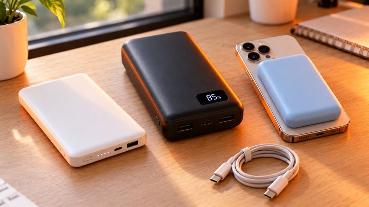 Illustration of a slim white power bank, a black power bank with a digital display and a light-blue magnetic power bank on a phone