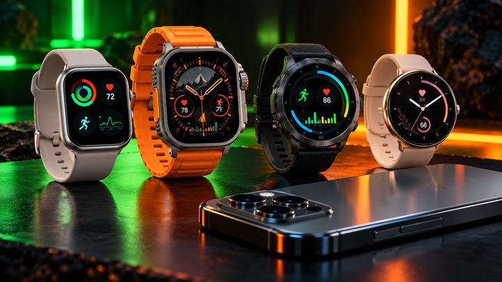Four smartwatches with fitness watch faces next to a smartphone on a dark surface lit by green and orange neon