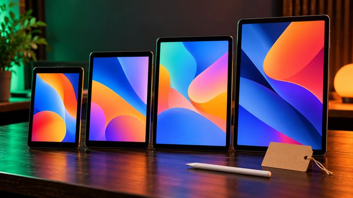 Four tablets of different sizes with colourful screens lined up on a wooden desk next to a stylus and a blank price tag