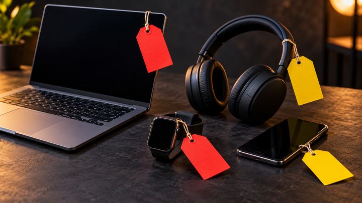 A laptop, headphones, a smartwatch and a phone on a dark table, each with a blank red or yellow sale tag