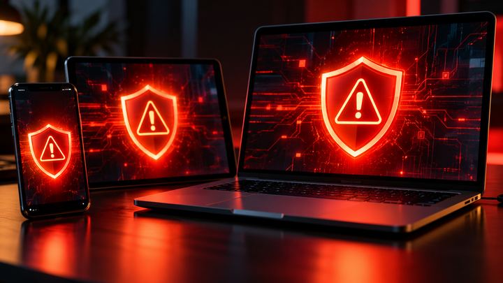 A phone, a tablet and a laptop on a dark desk, each screen showing a glowing red shield with a warning sign