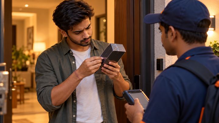 A man at his front door closely checking the seal on a new phone box while a delivery agent waits with a handheld device