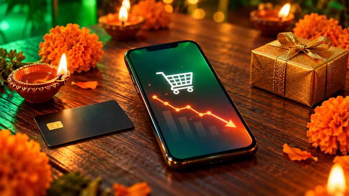 A smartphone showing a shopping cart and a falling price graph on a wooden table with diyas, marigolds, a credit card and a gold gift box