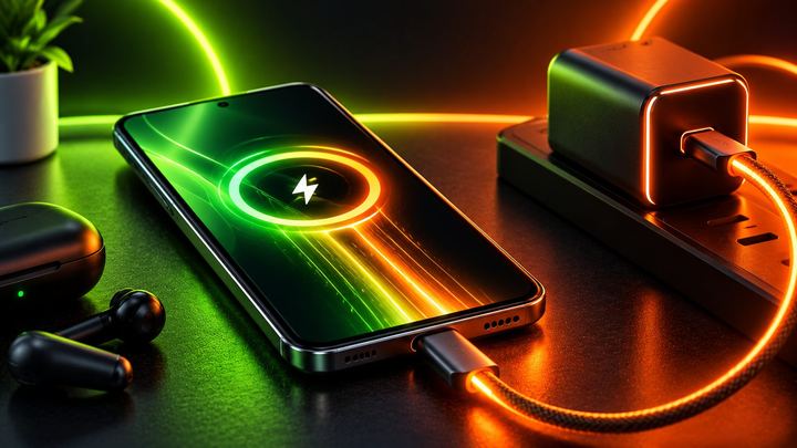 A smartphone fast charging with a glowing USB-C cable and charger
