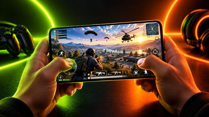 Hands holding a smartphone in landscape playing a battle royale game