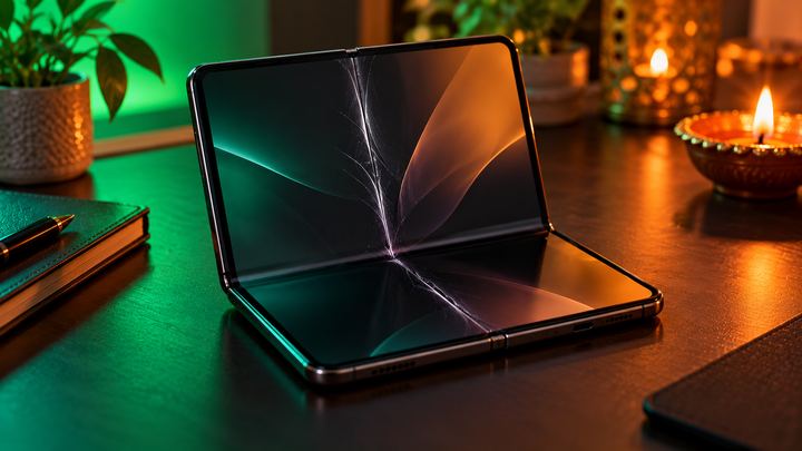 A half-open book-style foldable phone on a dark desk with a crack running along the centre crease of its inner screen
