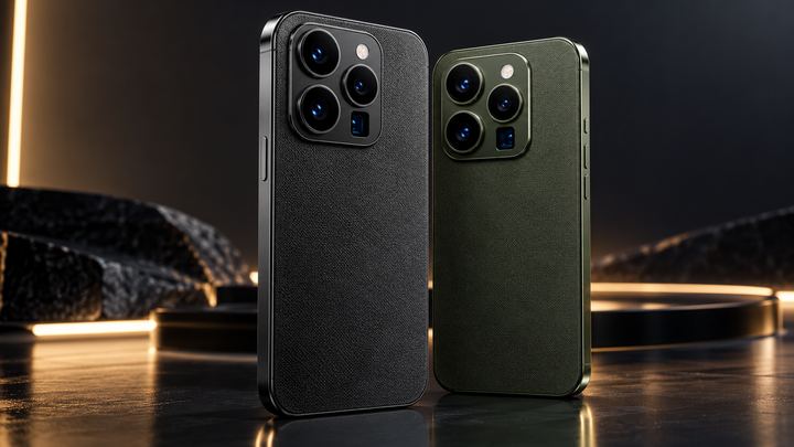 A black phone and an olive green phone with textured backs and large square camera modules, standing on a dark stage with warm lights