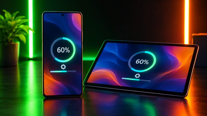 A smartphone and a tablet both showing a software update progress ring at 60%, lit by green and orange neon
