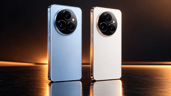Illustration of a pale blue and a white flagship phone with large circular triple-camera modules on a dark stage