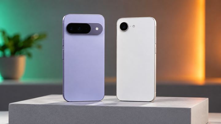 A lavender phone with a wide camera bar and a white phone with a single camera, standing side by side on a grey pedestal