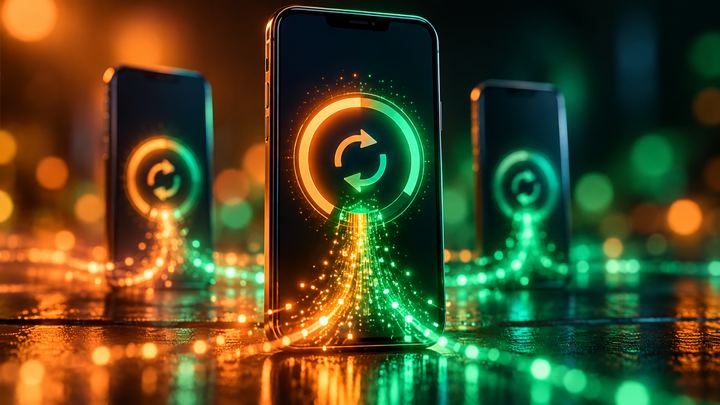 Three smartphones on a reflective surface showing a glowing update icon, with green and orange light particles flowing into them
