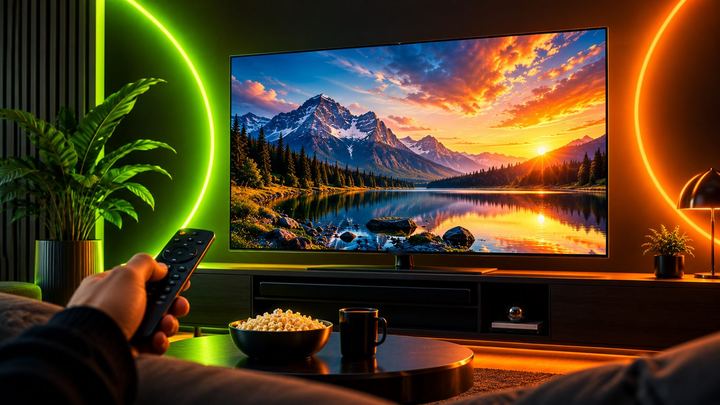 A large smart TV showing a mountain sunset in a cosy living room