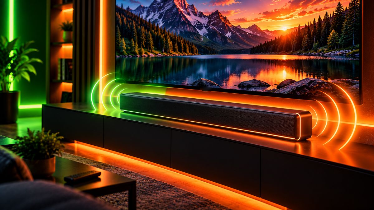 A slim soundbar below a TV with sound waves
