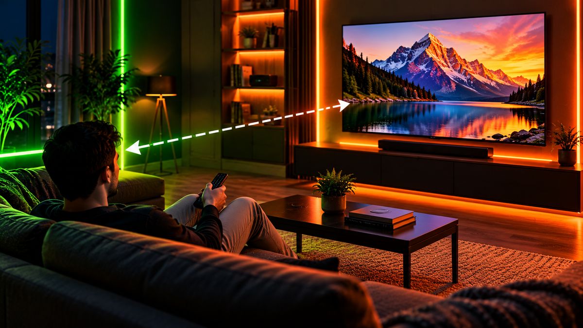 A person on a sofa with the viewing distance to a large TV marked