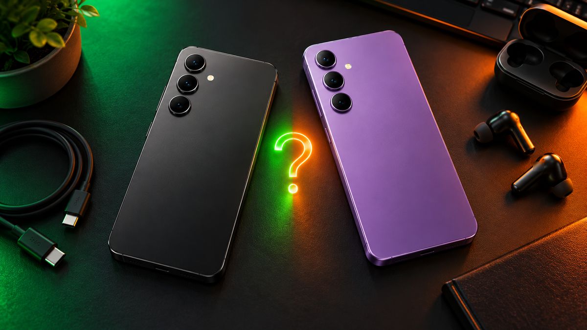 A black and a violet budget phone side by side with a glowing question mark between them