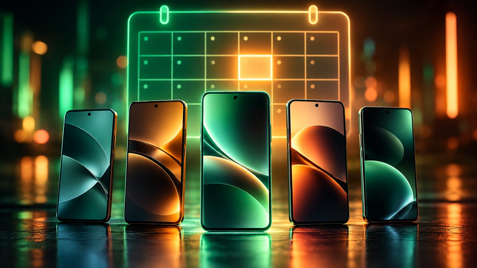 Five smartphones standing in a row in front of a glowing calendar grid with one highlighted day, lit in green and orange