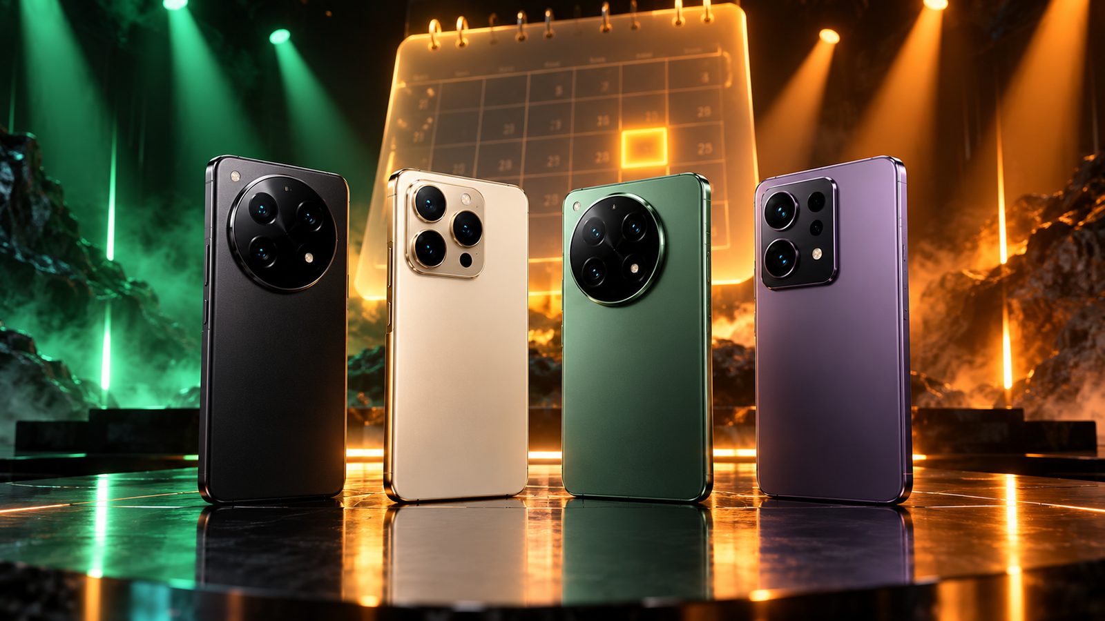 Four flagship phones in black, gold, green and purple standing on a dark stage in front of a glowing calendar