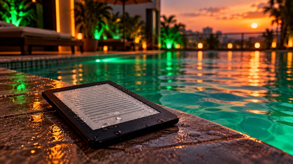 A wet e-reader with water droplets on its screen lying at the edge of a swimming pool at sunset