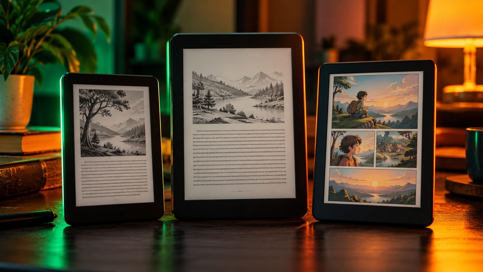 Three e-readers of different sizes on a dark desk, two showing black-and-white book pages and one showing a color comic, lit by green and orange light