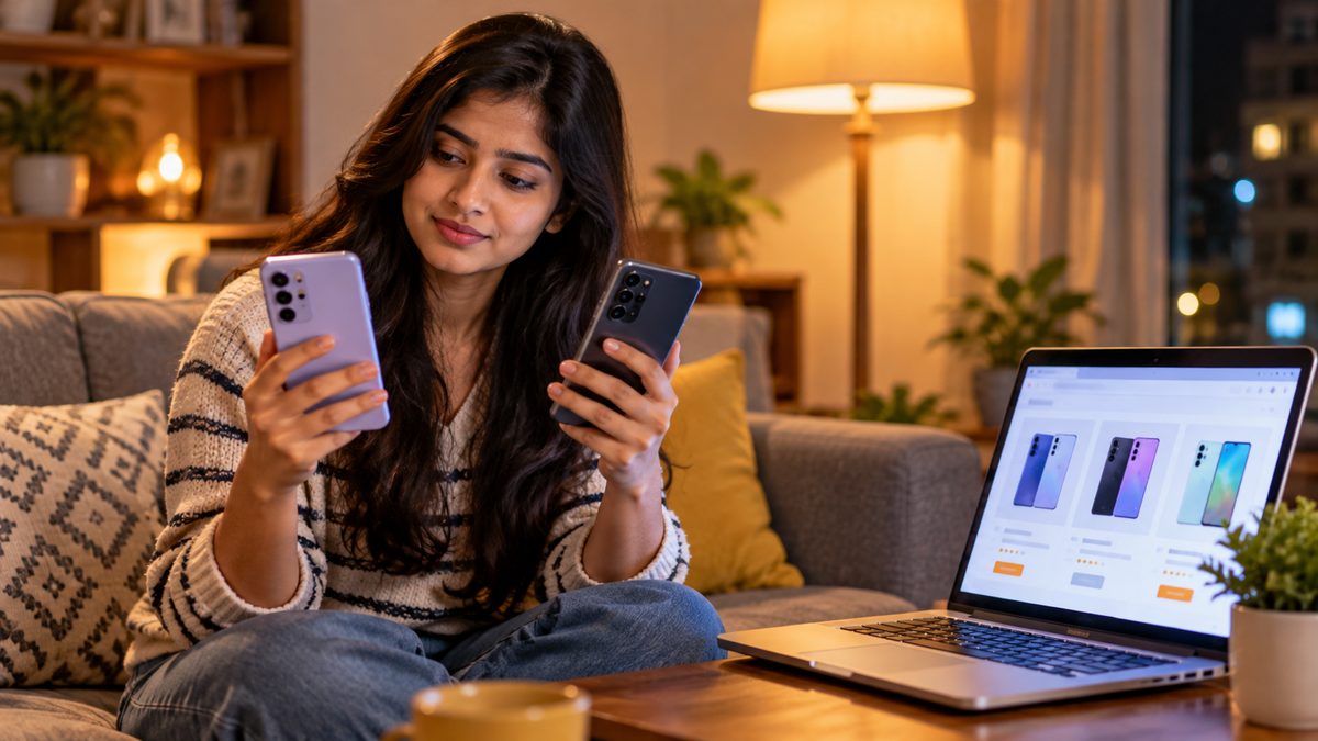 A woman on a sofa comparing two phones while a laptop shows phone listings on a shopping site