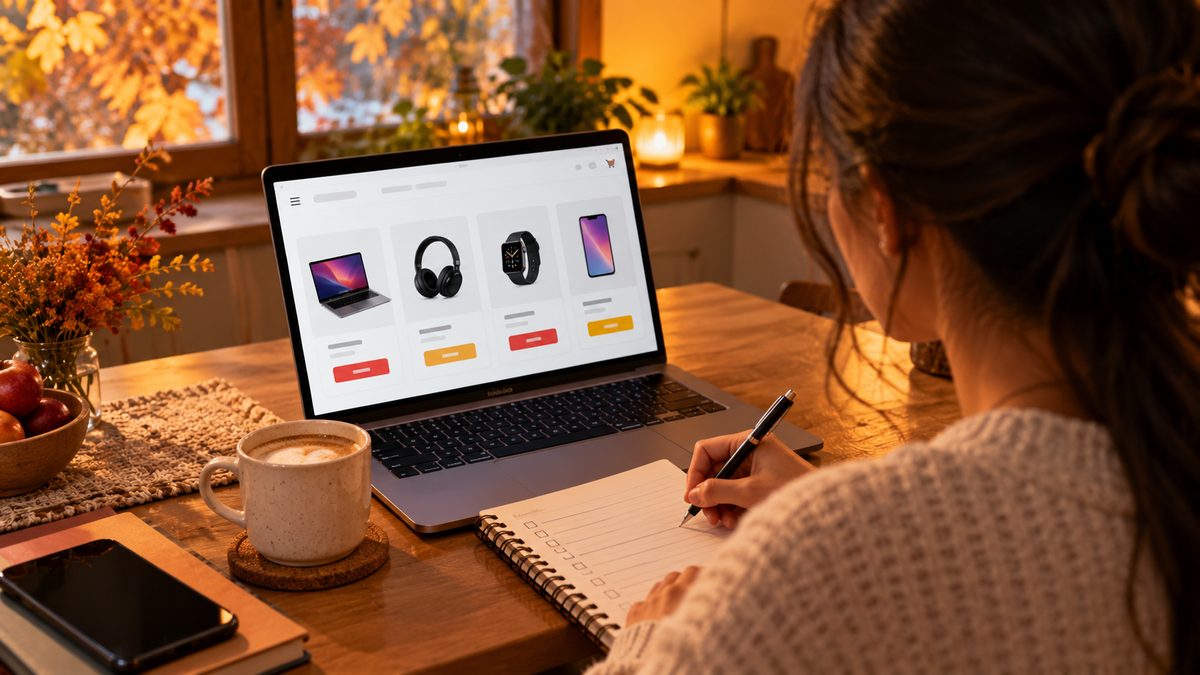 A woman at a kitchen table writing a shopping checklist in a notebook while browsing gadgets on a laptop
